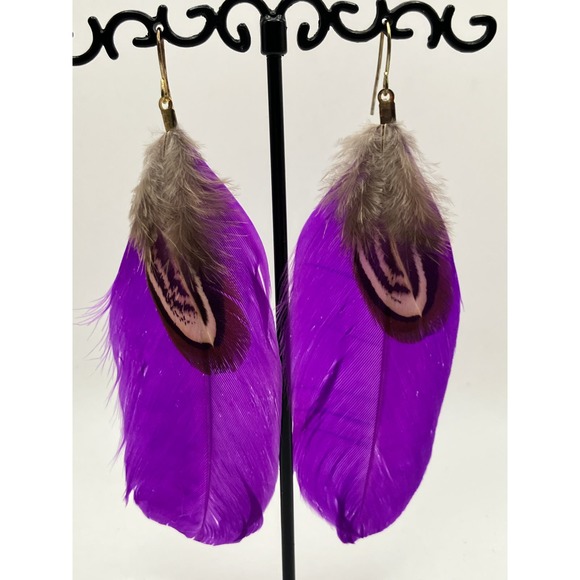Purple Feather Dangle Earrings! - Picture 2 of 7